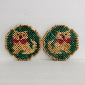 Vtg Pair of Boho Bamboo Wooden Beaded Cat Dog Trivets Kitchen Hot Plate Wall Art